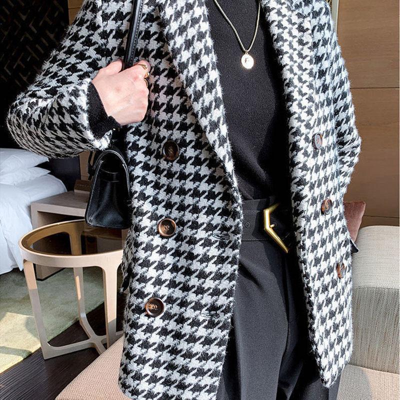 Houndstooth Woolen Coat Thick Loose Autumn Winter Coat Women Thicken Slim Pea Coat