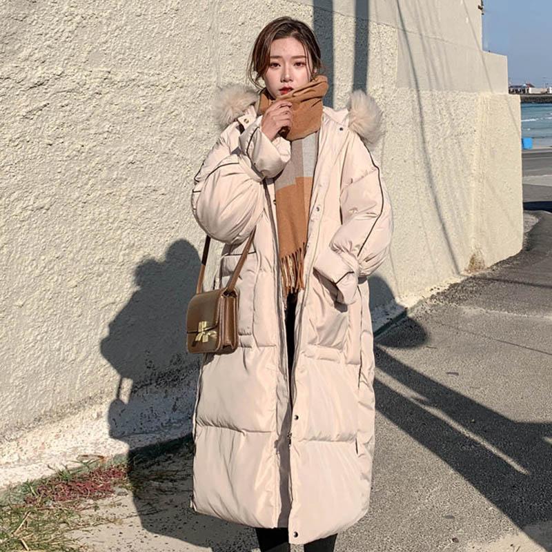 Winter Women's Cotton Jacket Over The Knee Long Large Fur Collar