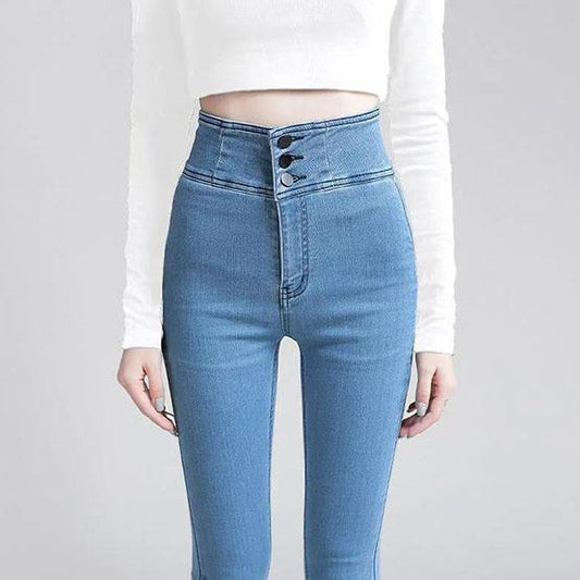 Women Winter and Autumn Large Size Streetwear Long Jeans Slim Solid Color High Waist Elastic Casual Pencil Jeans