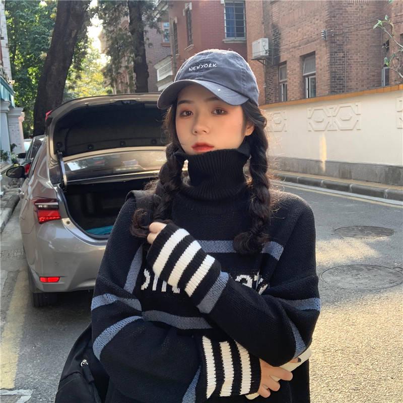 Turtleneck Color Matching Alphabet Sweater Schoolgirl Loose Wild Thick Sweater Winter Coat