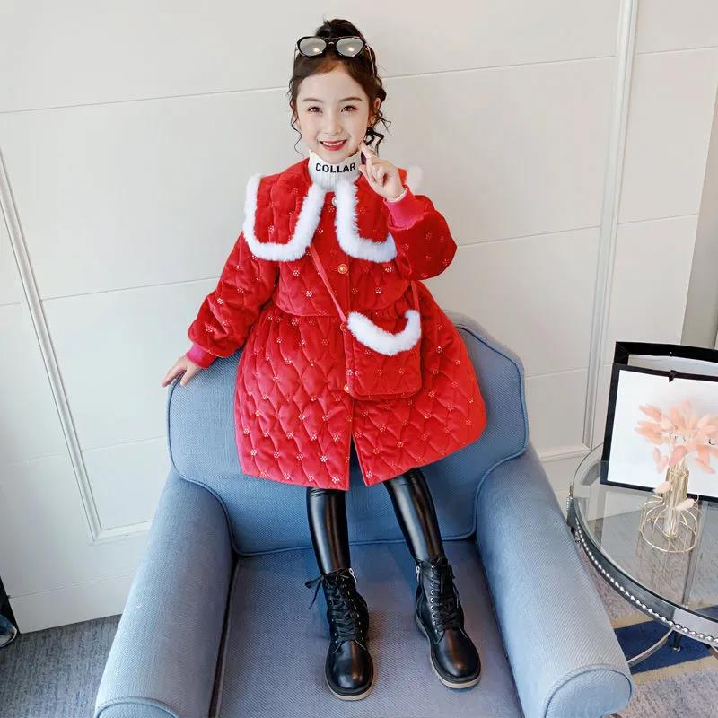 Girls Thick Warm Cotton Clothes Mid-length Winter Windproof Quilted Jacket