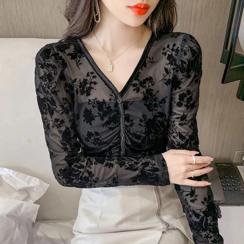 Women's Spring and Autumn Long-sleeved Tops Floral Slim Fit All-match Bottoming Shirts