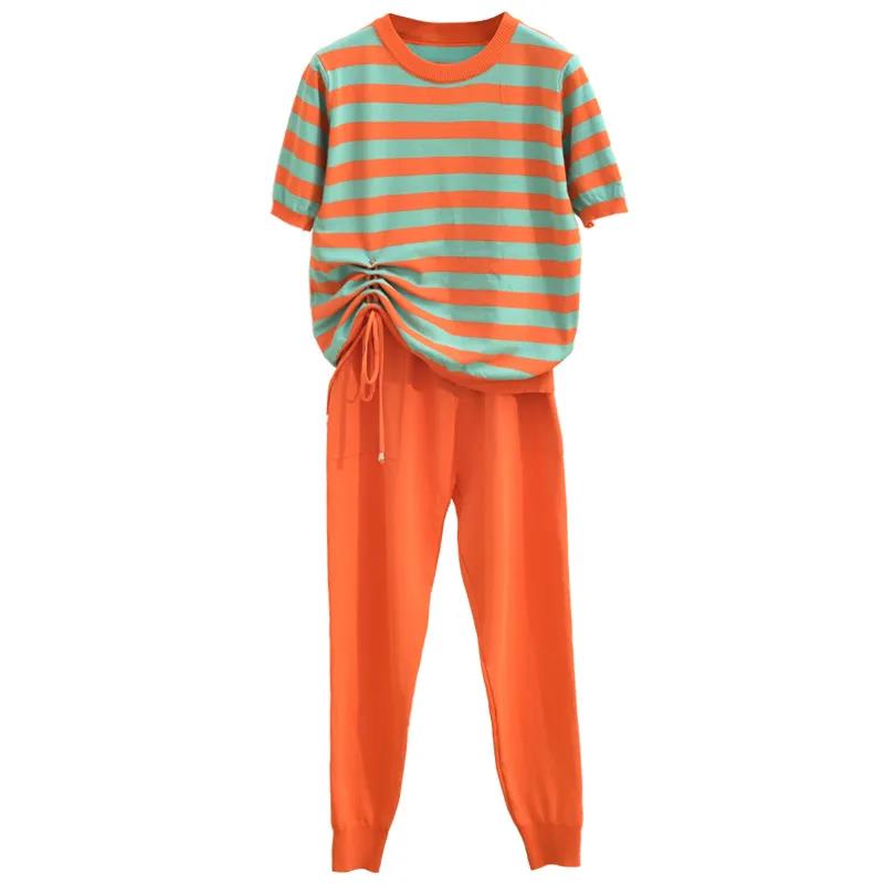 Two-piece Women's Casual Fashion Knitted Suit Striped Stitching Drawstring Short Sleeve + Knitted Pants Suit