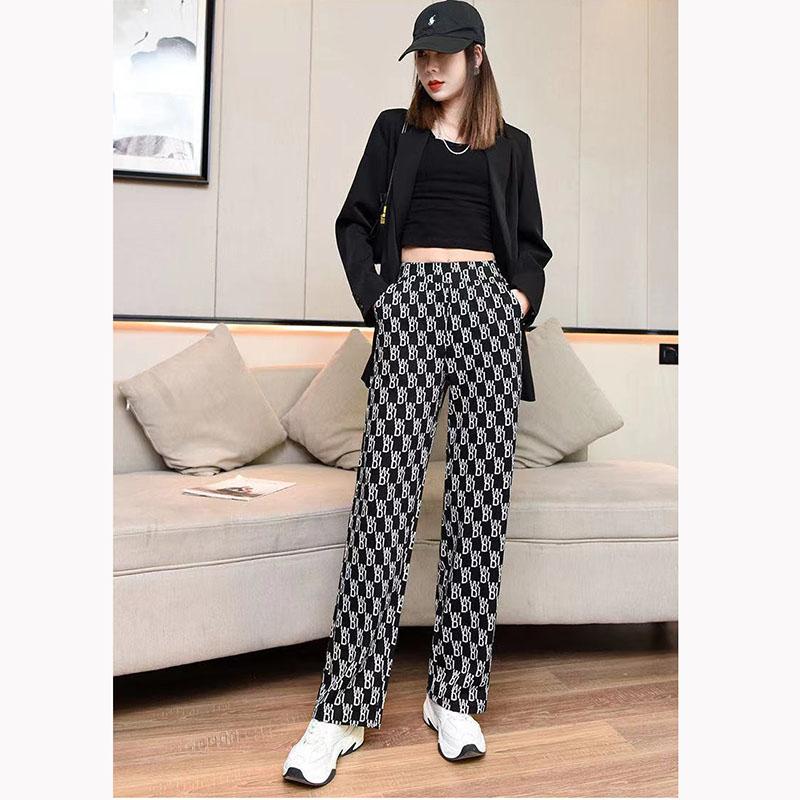 Wide Leg Pants Women's High Waist Vertical Printed Pants Spring and Autumn Loose Thin All-match Straight Casual Trousers