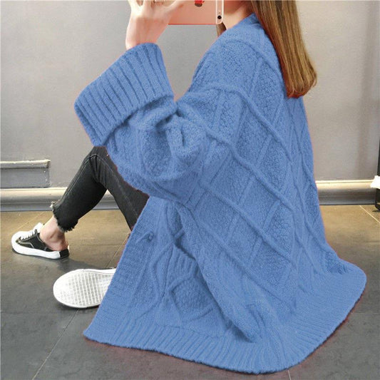 Women Sweater Sweater Loose Knit Cardigan Sweater Large Size Horn Button Sweater Autumn Winter Coat