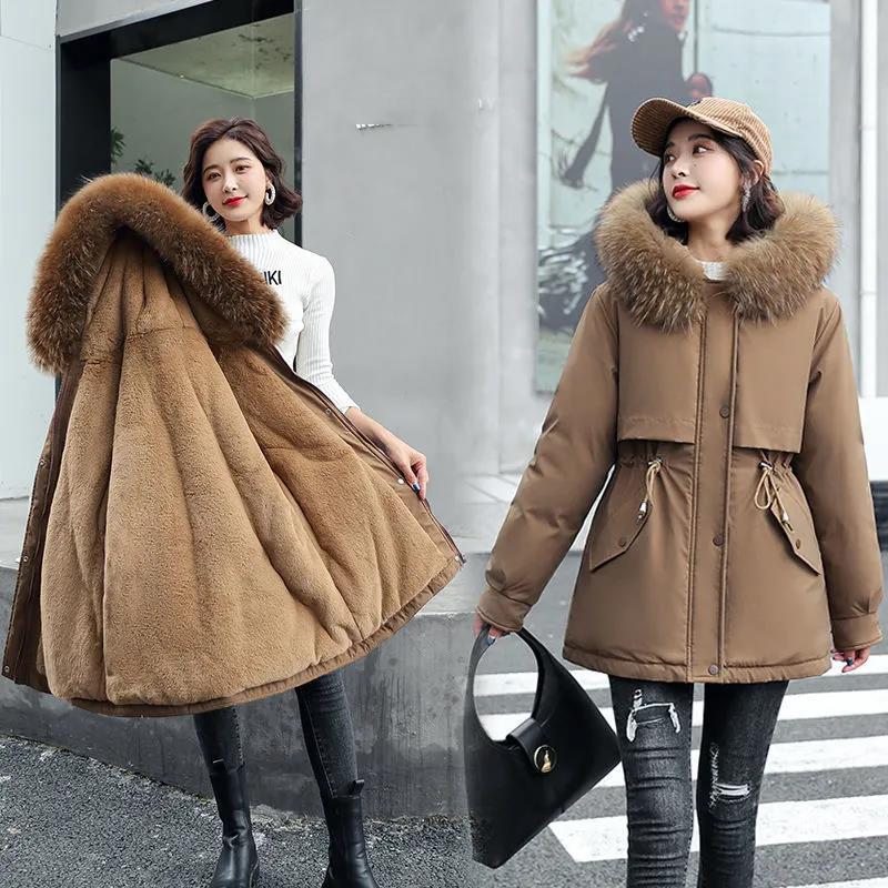 Parker Down Padded Jacket with Faux Fur Collar Mid-length Hooded Loose and Warm Winter Plus Velvet Thick Coat Is Soft and Comfortable