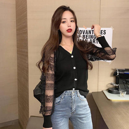 Pofulove Lovely Crew Neck Lace Cuffs Base Knitwear Skin-friendly High Elastic Button Jumper Sweater