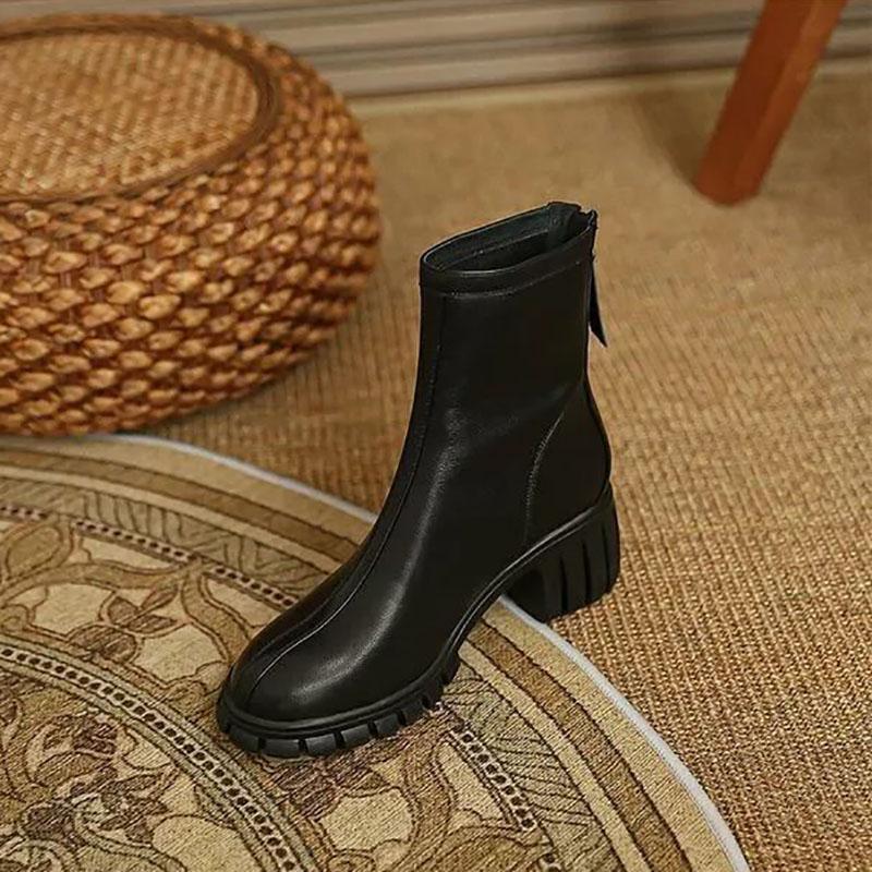 Martin Boots Woman Round Head Retro Boots Black Middle Boots Back Zipper Chelsea Boots Single Boots Spring and Autumn
