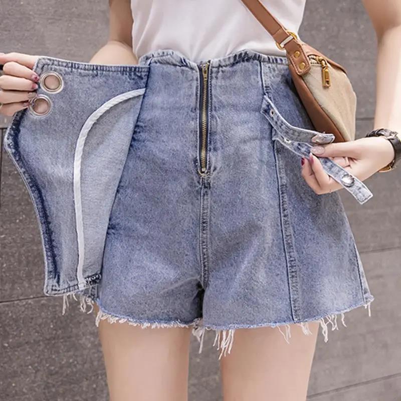 Women's High Waist Denim Shorts Summer Thin and Loose Korean Version of All-match Irregular Straight A-line Wide-leg Pants