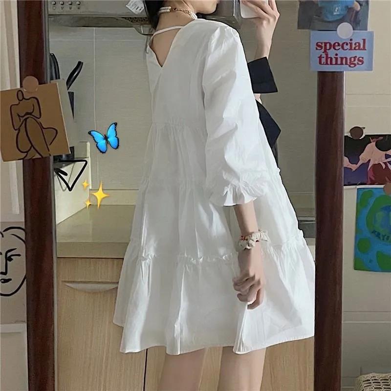 Girl Student Knee-length Solid Color Dress Sailor Collar Navy Dress Sweet Bow-knot