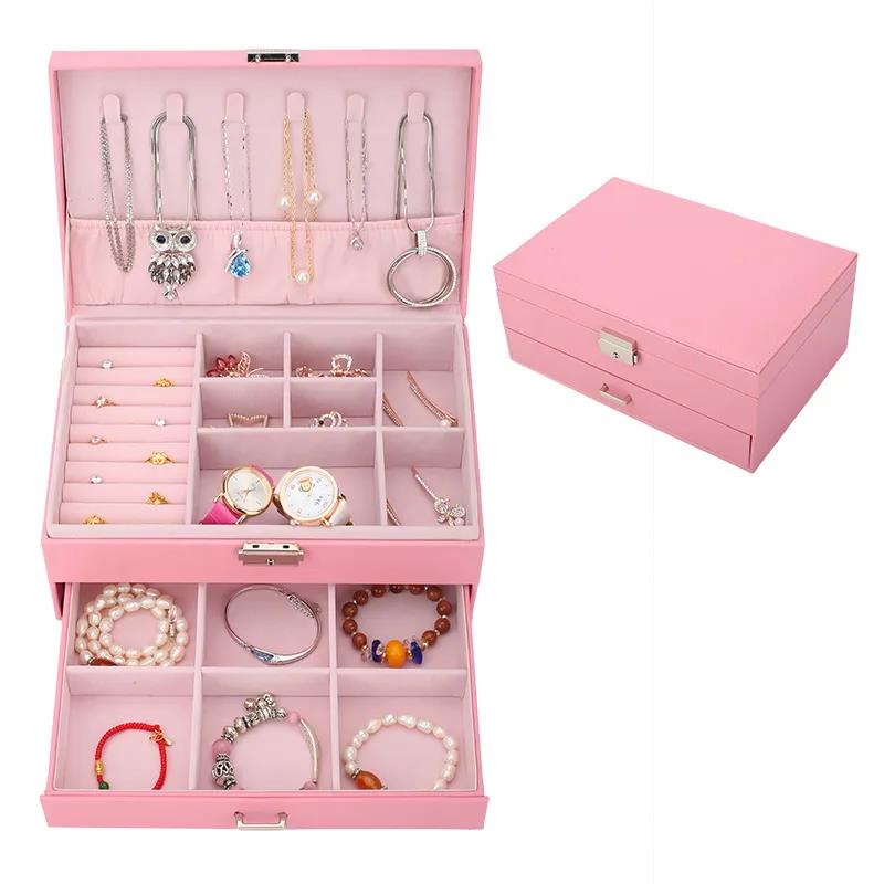 Jewelry Box Leather with Lock European Double Wood Jewelry Storage Box Earrings Ring Necklace Jewelry Storage Box
