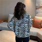 Women's Clothing Sweatshirts Spring Autumn Loose Half Zipper Stand-up Collar Female College Style Zebra Pattern Cropped Top