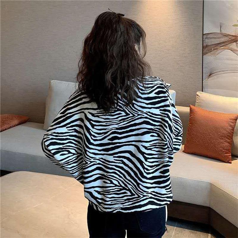 Women's Clothing Sweatshirts Spring Autumn Loose Half Zipper Stand-up Collar Female College Style Zebra Pattern Cropped Top