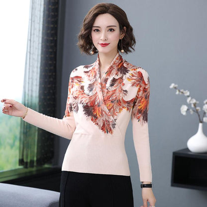 High-end Woolen Sweater Autumn Winter Women Printed Sweater Casual Long Sleeve Soft Slim Pullover Female Knitted Jumper Tops