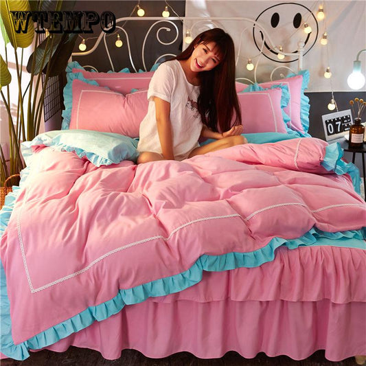 BrandNew 100% Cotton Edge Princess Bedding Set 4Pcs  Queen Size Girls Women Bed sheet set Embroidered