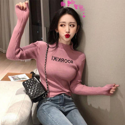 Pofulove Retro Slim Long Sleeve Pullover Half Turtleneck Lettering Sweater Knit Sweater Top