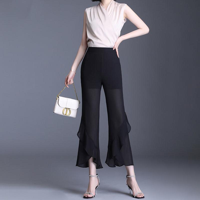 WTEMPO Chiffon Summer Women Casual Ladies Flare Long Pants  Bell Bottoms Large Size M-XXXL Cropped Trousers