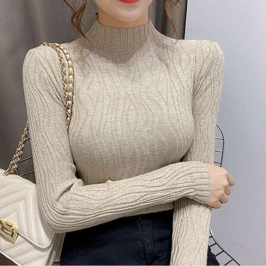 Autumn Winter Knitted High Neck Sweater Women's Solid Color Stretch Slim Bottoming Shirt All-mach Wrinkle Pullover Jumper Top