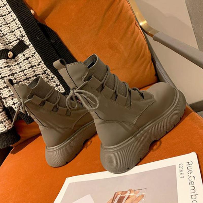 Winter Women's Martin Boots Thick and Fleece Mid-tube Boots Knitted Lace-up Platform Boots