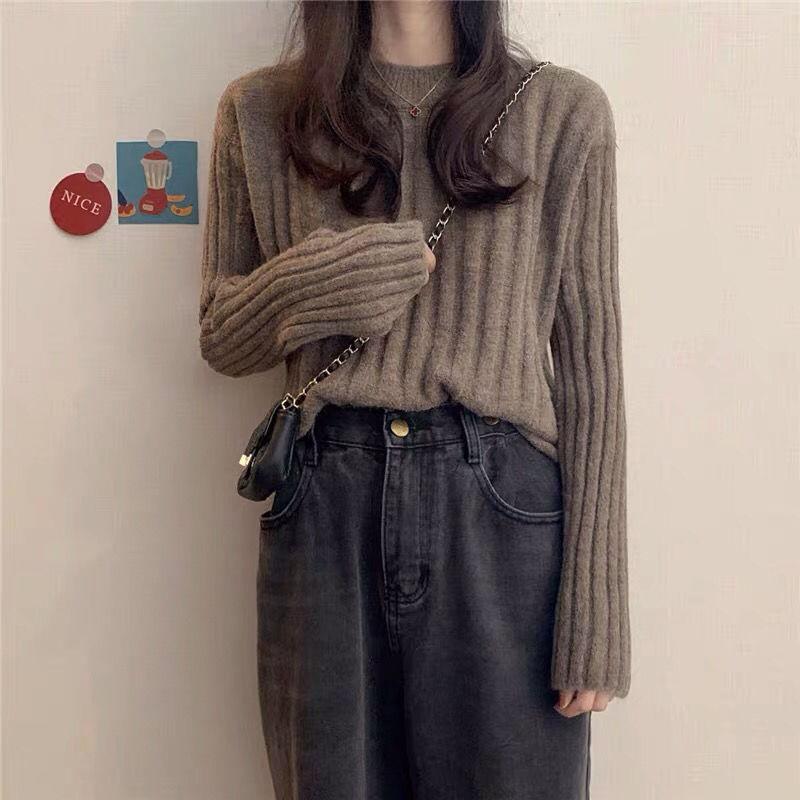 Autumn  Winter  Knitted Pullover Round Neck Versatile Thick Warm Woolen Sweater Bottoming Shirt  Vertical Stripes Loose