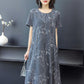 Women's Summer Plus Size Dress Loose Casual Mid-length Over-the-knee Round Neck Pocket Short-sleeved Printed Skirt