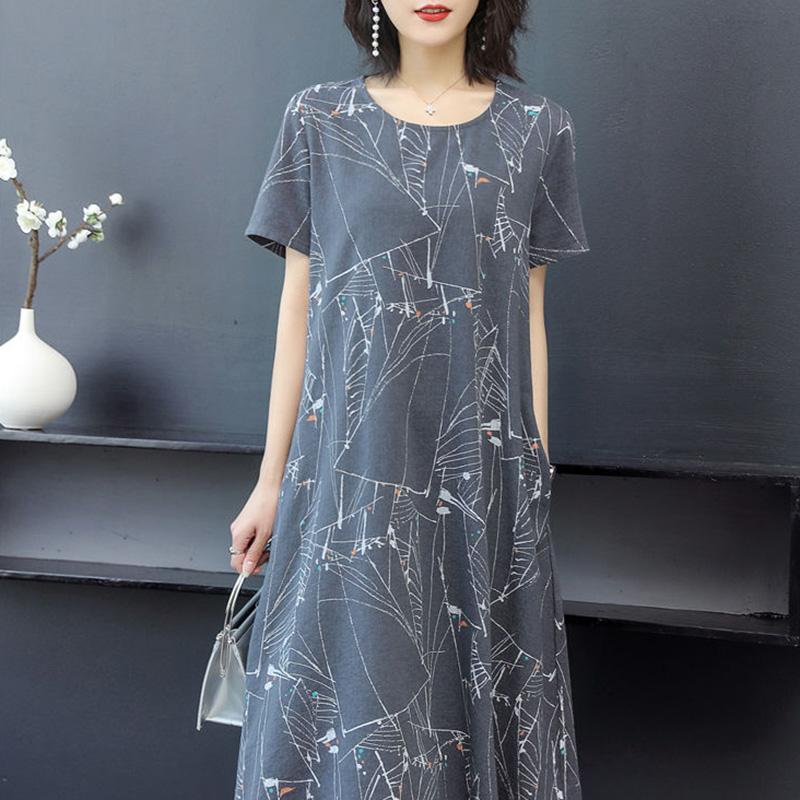 Women's Summer Plus Size Dress Loose Casual Mid-length Over-the-knee Round Neck Pocket Short-sleeved Printed Skirt