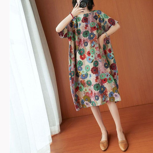 Summer Vintage Floral Print Dress Women's Loose Large Size Short Sleeve Round Neck Dress Thin Mid-Length A-Line Skirt Literature Art Temperament