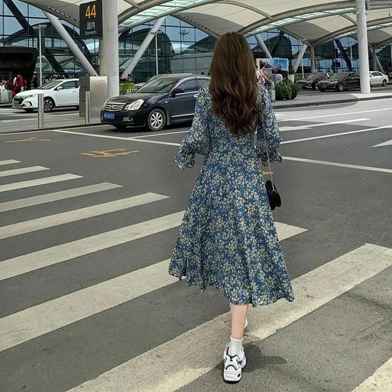 French Retro V-neck Waist Long-sleeved Dress Feminine Temperament Was Thin and High Floral Dress Waist Was Thin Chiffon Fabric Was Light