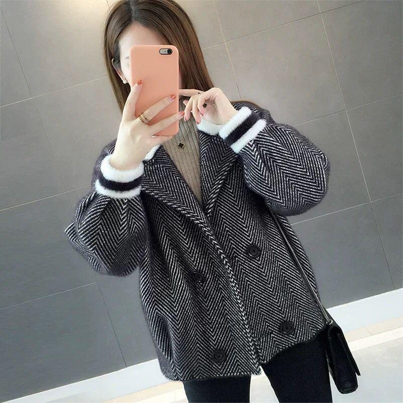 Autumn and Winter Fashion Jacket Short Lazy Style Long-sleeved Sweater Lapel Coat Women