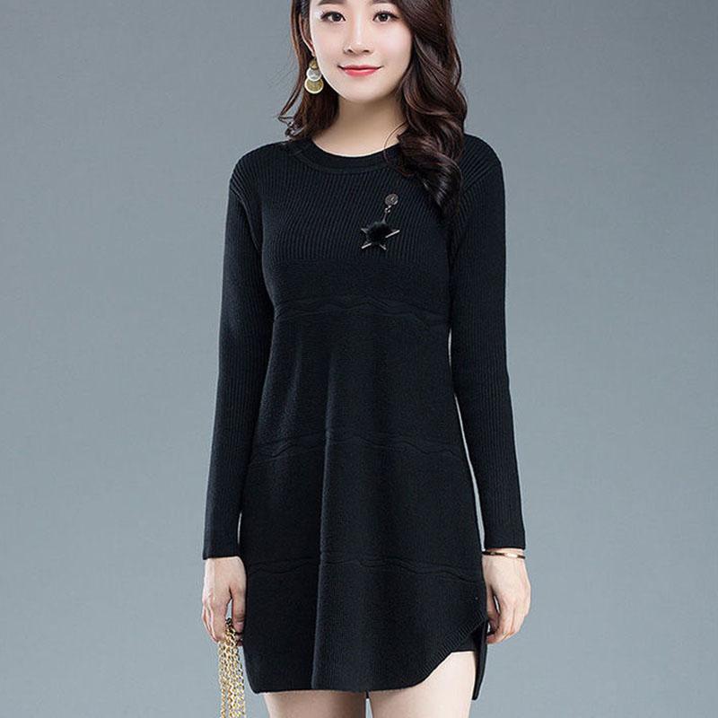 Autumn Winter Knit Casual Dress In Pure Color Long Sleeve Bottom Skirt Simple Middle-aged Women Wool Dress