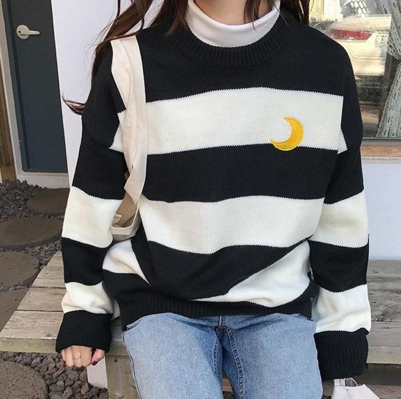 Pastel Lilac Sailor Moon Theme Knit Jumper, Candy Color Stripes Moon Sets Embroidery Sweater Harajuku Clothing, Kawaii Clothing Cute Sweater