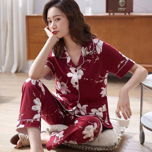 Short-sleeved Tops Trousers Cotton Pajamas Two-piece Women's Spring and Summer Thin Pajamas Set Large Size Loose Casual Home Wear