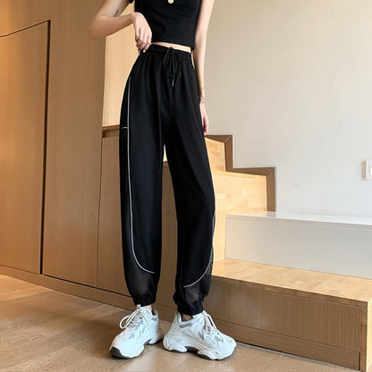 Reflective Strip Stitching Mesh Pants Summer Korean Thin Section High Waist Casual Pants Women's Sports Pants