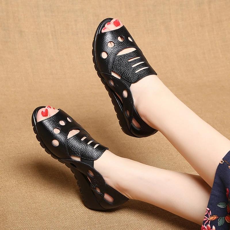 Mother Sandals Leather Soft Sole Middle-aged and Elderly Women's Shoes Non-slip Shoes Fish Mouth Shoes Granny Sandals Casual Shoes Wedges Work Shoes