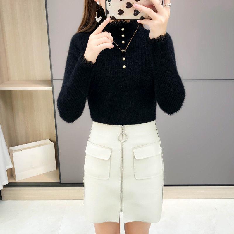 Color-fast Imitation Mink Velvet Inner Sweater Women Autumn and Winter Slim Bottoming Shirt Lace Beaded Sweater