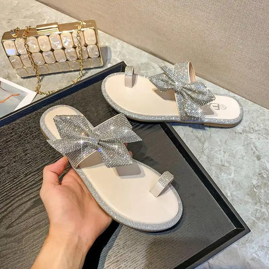 Slippers Women's Outer Wear Fashion Summer Flat Bow Rhinestone Flip-flop Sandals and Slippers