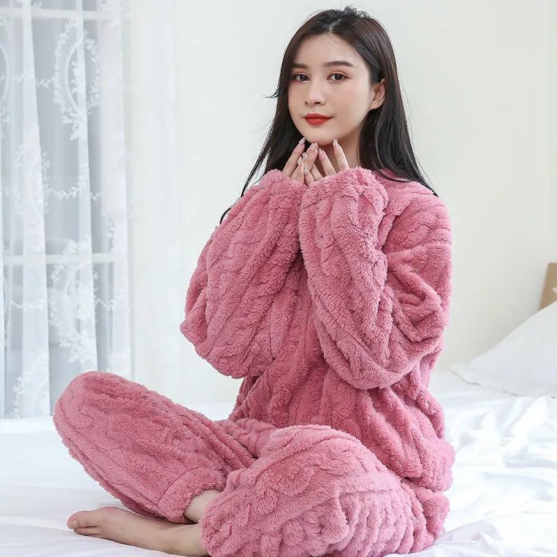 Women's Crochet Pajamas Set Plus Velvet Long Sleeves Flannel Coral Suit Home Wear Solid Color Loose Pajamas Pants Two-piece Set
