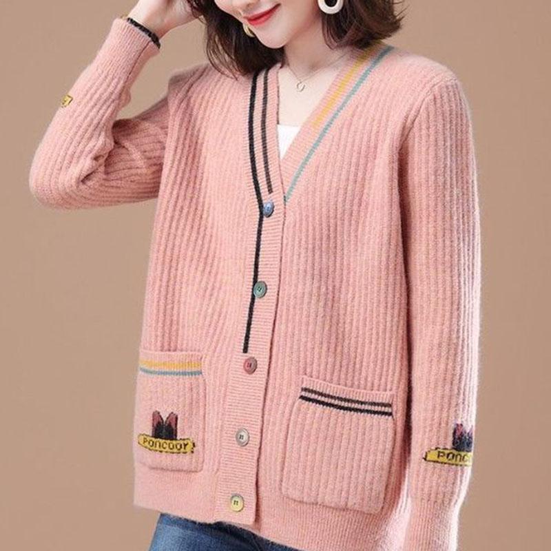 Spring and Autumn Cropped Cardigan Jacket with Knitted Solid Color Jacket and Casual V-neck Women's Jacket
