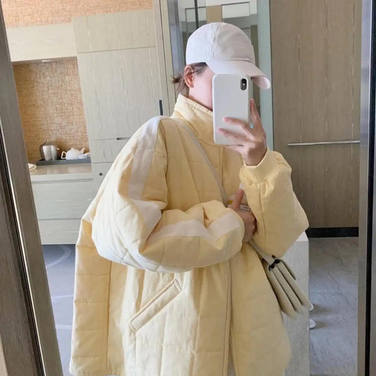 Color Matching Rhombic Cotton Jacket Female Korean Version of Oversize All-match Cotton Jacket Student Padded Jacket