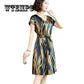 Simulation Silk Dress Female Long Short Sleeve Summer New Small Stripe Imitation Silk Print Dresses