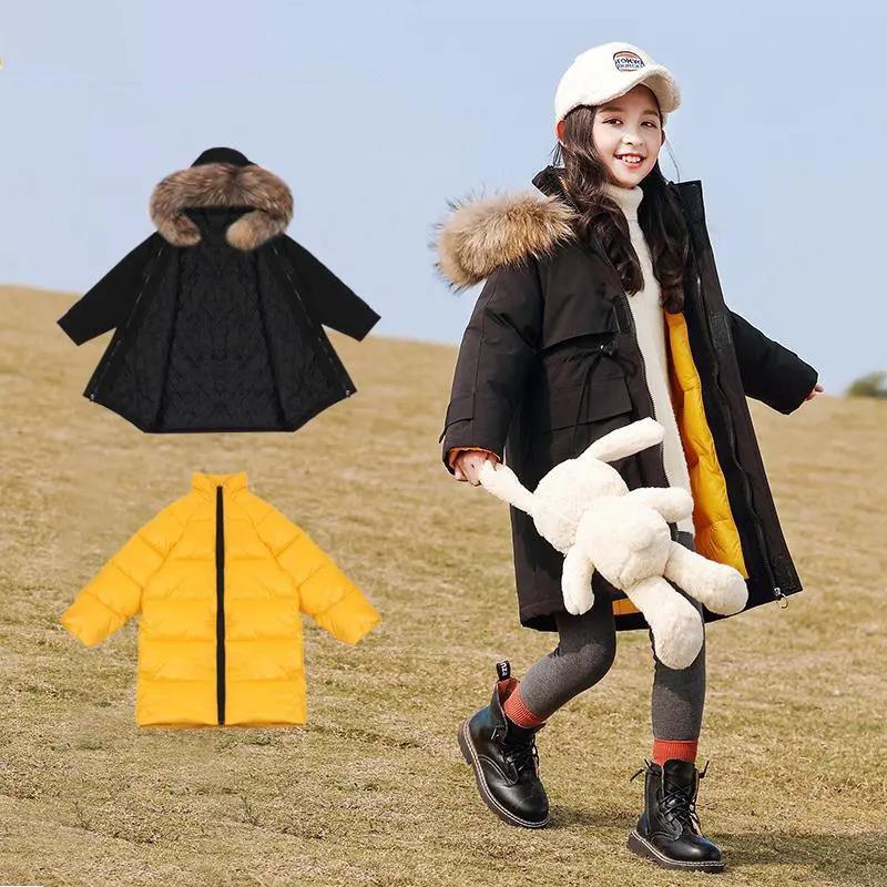 Girls' Warm Winter Clothes Mid-length Windproof Quilted Jacket Thicken Plus Velvet Winter Cotton Clothing
