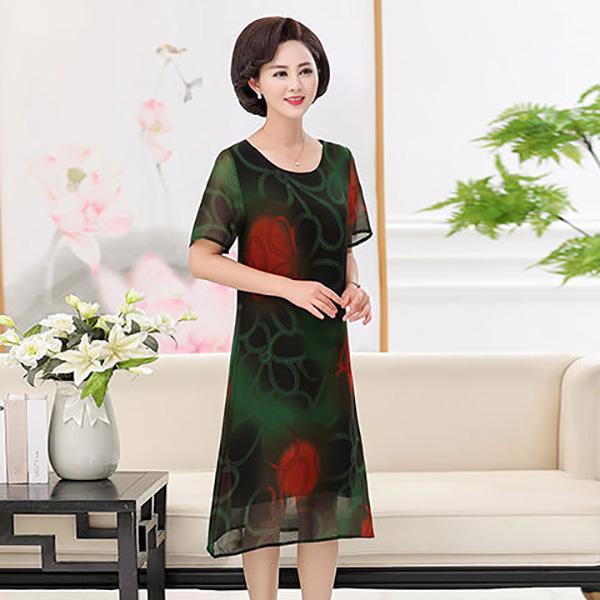 Middle-aged and Elderly Women's Summer Dress Large Size Chiffon Print Round Neck Short Sleeve Skirt