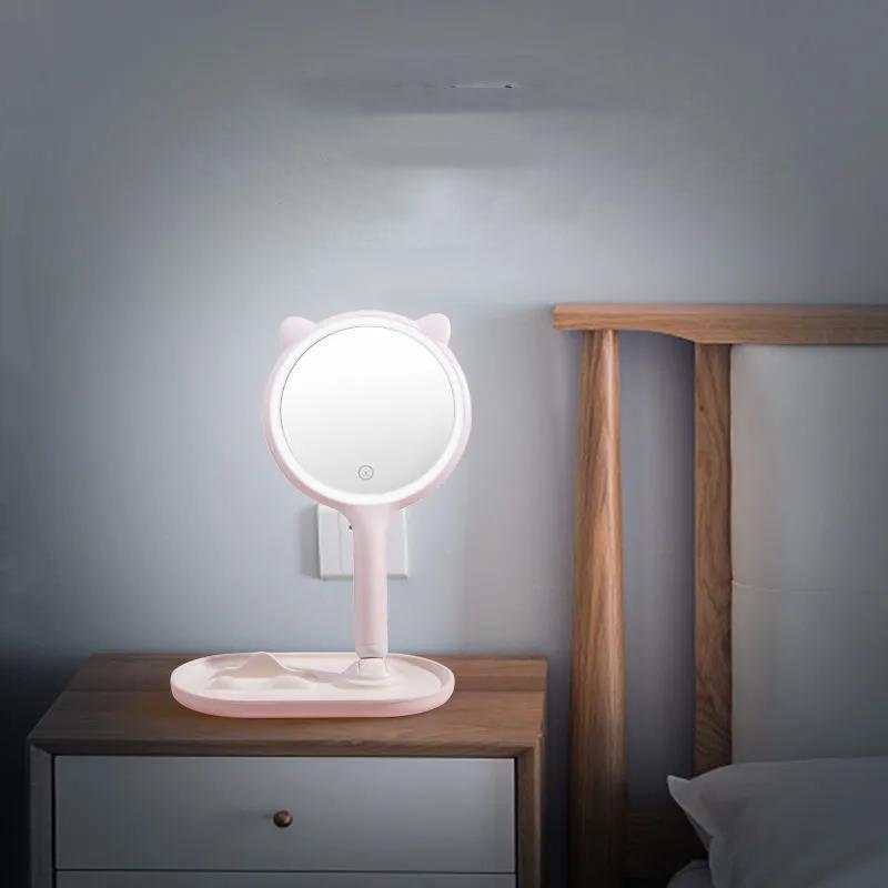 Cat Ears 3 Levels Ligthing LED Makeup Mirror Portable Travel Desktop Mirror Touch Screen USB Charging