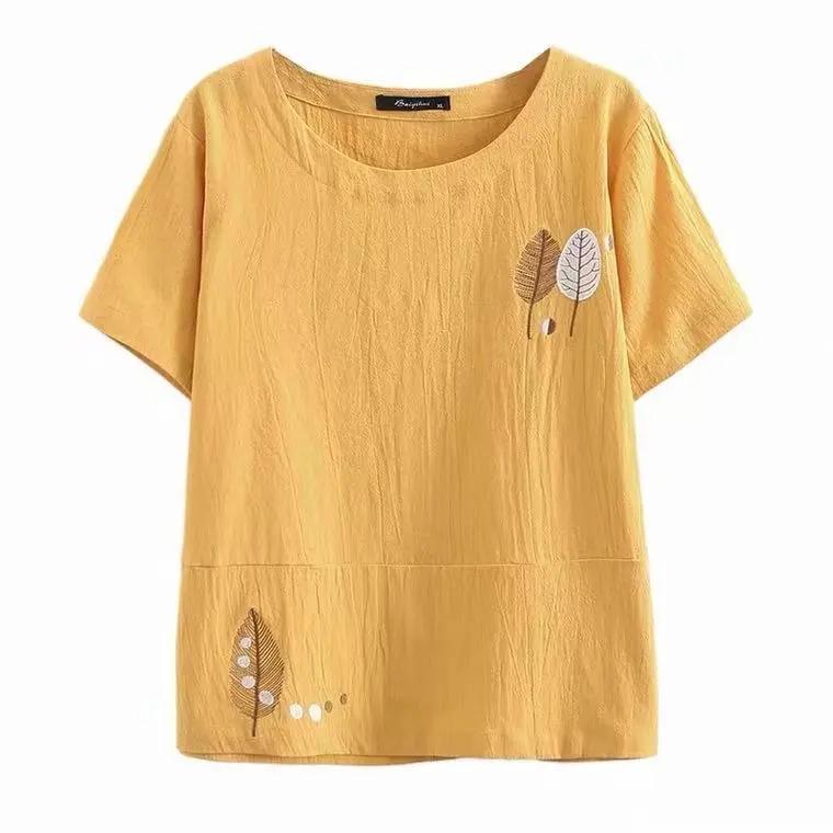 Cotton T-shirt Summer Literary Short-sleeved Women's Embroidered Large Size Stitching All-match Top