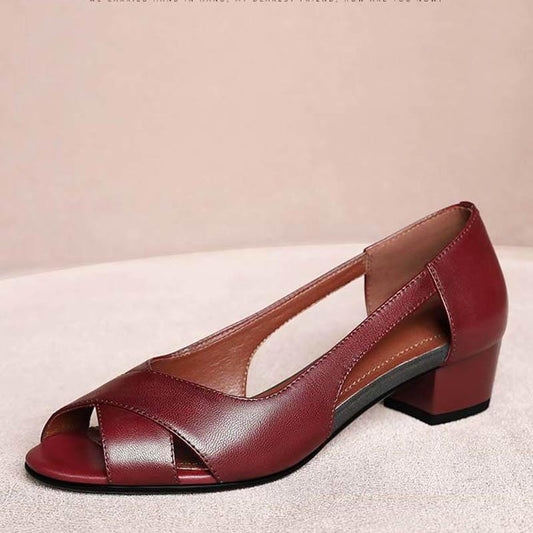 Real Soft Leather Fish Mouth Thick Heel Sandals Spring and Summer New Fashion Hollow Roman Middle Heel Sandals Women