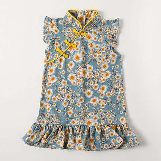 Children Dress Spring Summer Broken Flower Kids Clothing  Baby Girls Clothing Sleeveless Cheongsam Dress Girl