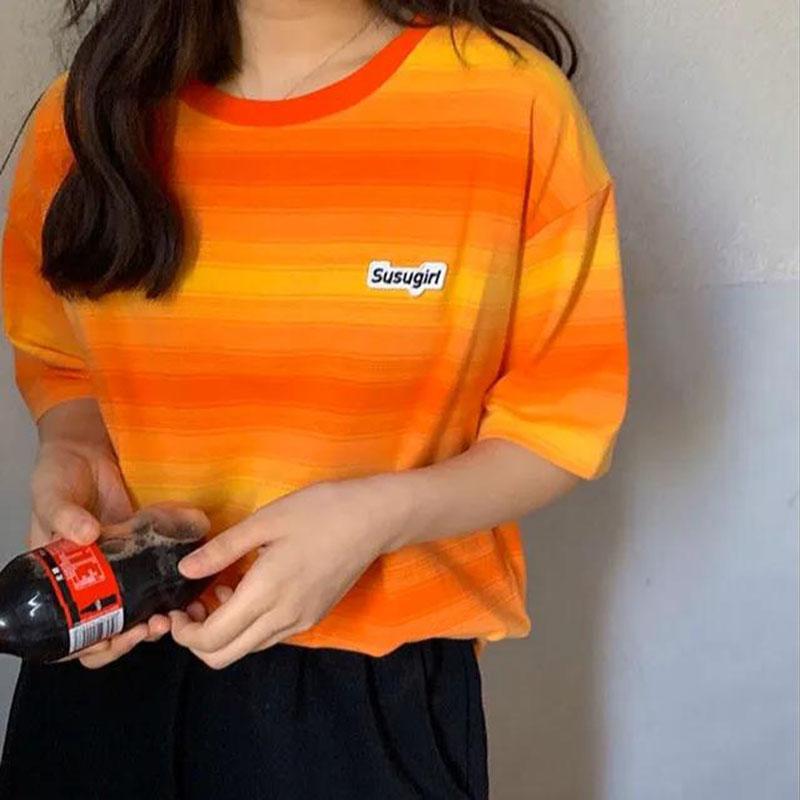 Women's Summer Loose Round Neck Striped Short Sleeve T-shirt