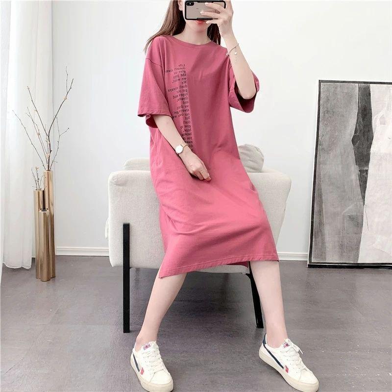 Cotton Simple Style Women's Summer Dress Short Sleeve Round Neck Solid Color Knee-length Daily Wear