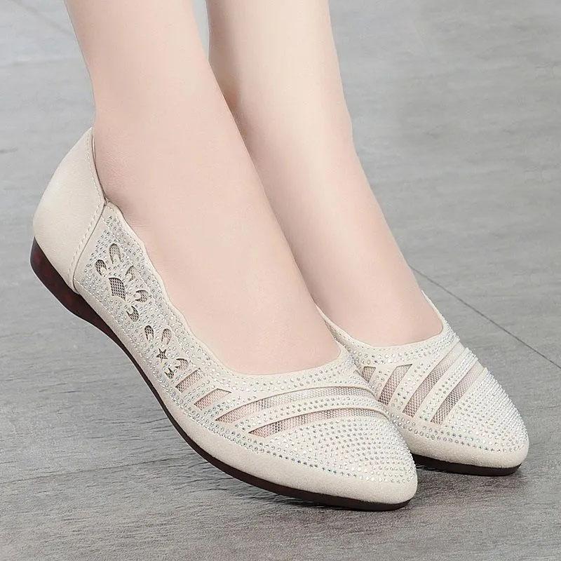 Summer Soft Leather Women's Shoes Mesh Hollow Sandals Soft Bottom Shoes Sandals Casual Shoes Work Shoes Paste Drill Single Shoes