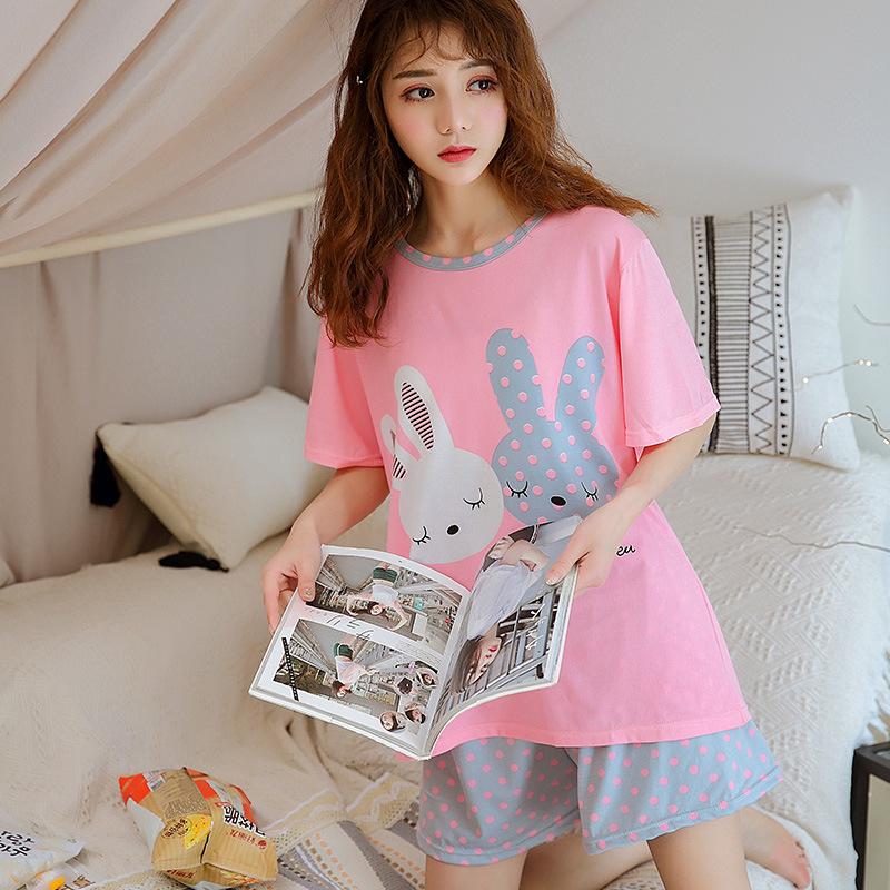 2Pcs/Set Cartoon Animal Women Sleepwear Short Sleeve Top Shorts Pajamas